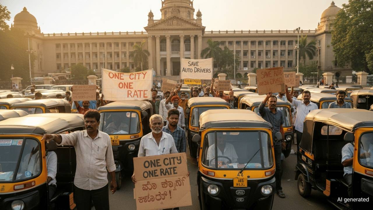 Auto drivers protesting, demanding fare hike and government support in Karnataka.