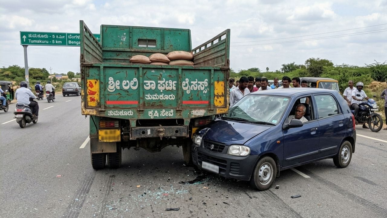 ಲಾರಿಗೆ ಕಾರು ಡಿಕ್ಕಿ: ಜವರಾಯನ ಅಟ್ಟಹಾಸಕ್ಕೆ ಕುಣಿಗಲ್​​ ಬಳಿ ದಾರಿಯಲ್ಲೇ ಪ್ರಾಣಬಿಟ್ಟ ನಾಲ್ವರು