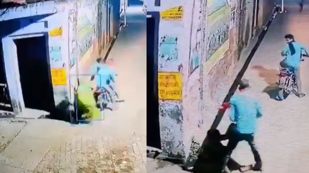Woman bravely fighting off two bike-borne chain snatchers for her grocery bag.