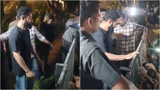 ಅಭಿಮಾನಿಗಳು ತಳ್ಳಲು ಬಂದ ಬೌನ್ಸರ್​​ಗೆ ಕ್ಲಾಸ್​ ತೆಗೆದುಕೊಂಡ JR. NTR