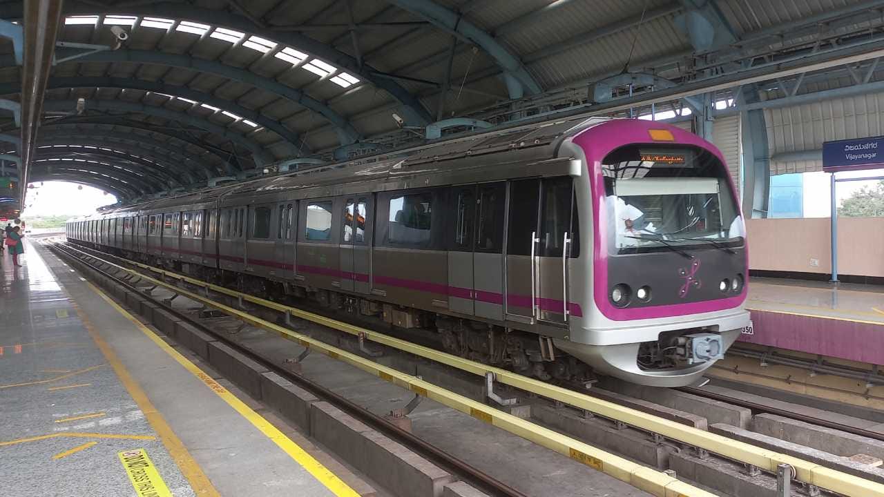 Namma Metro train arriving at a station in Bengaluru, Karnataka