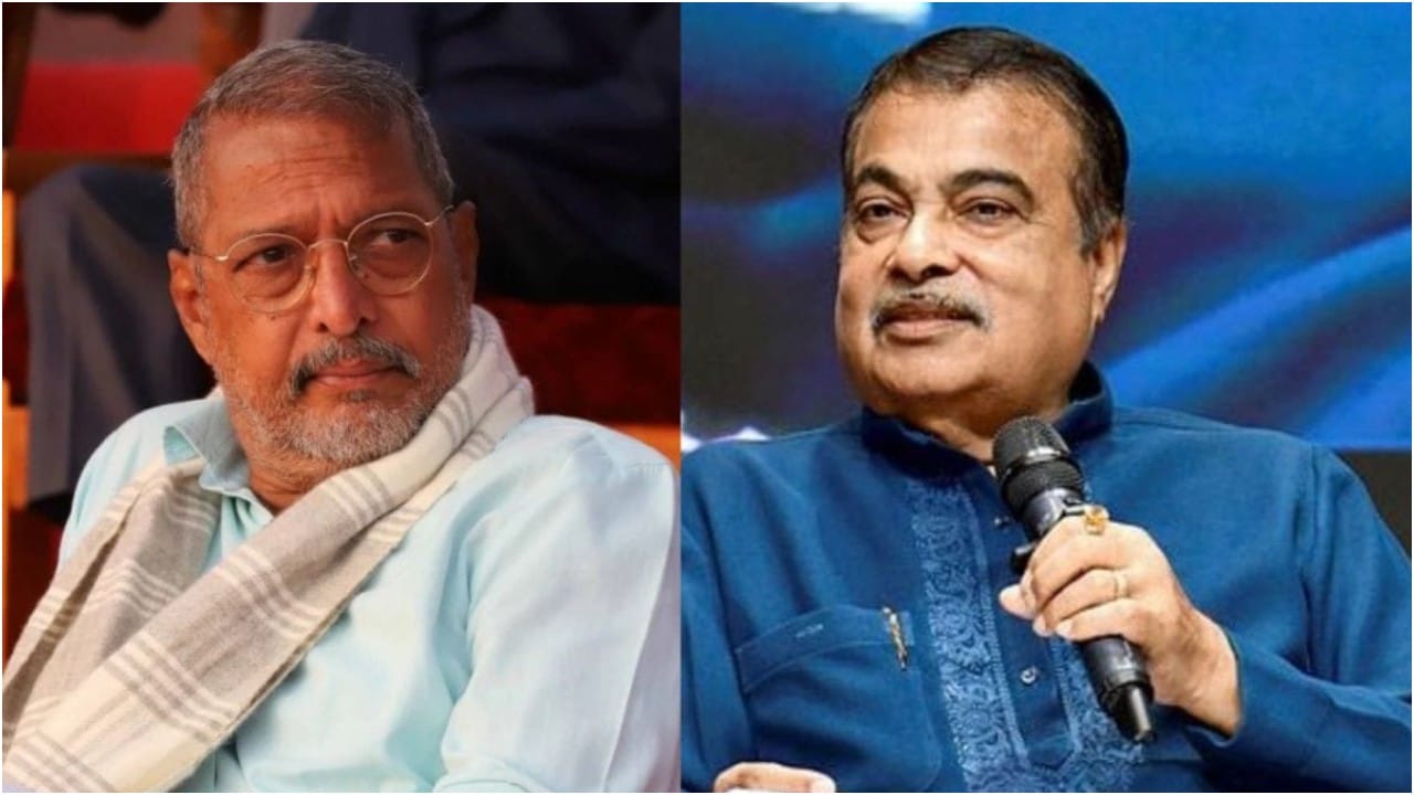 Nana Patekar speaking at an event with Nitin Gadkari on stage