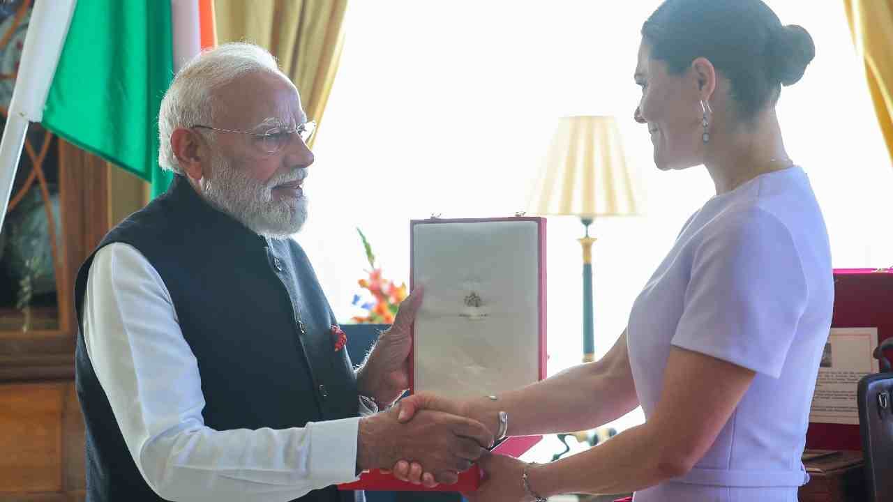 Prime Minister Narendra Modi receiving the Royal Order of Polar Star in Sweden