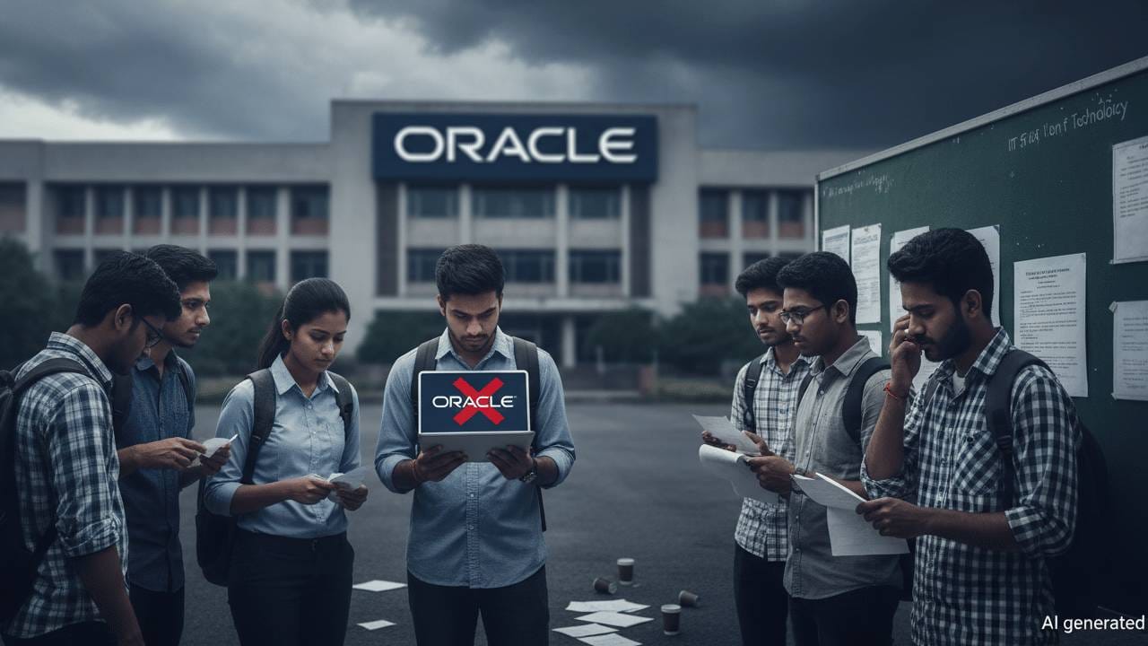 Students looking at a laptop screen with Oracle logo, showing job offer withdrawal