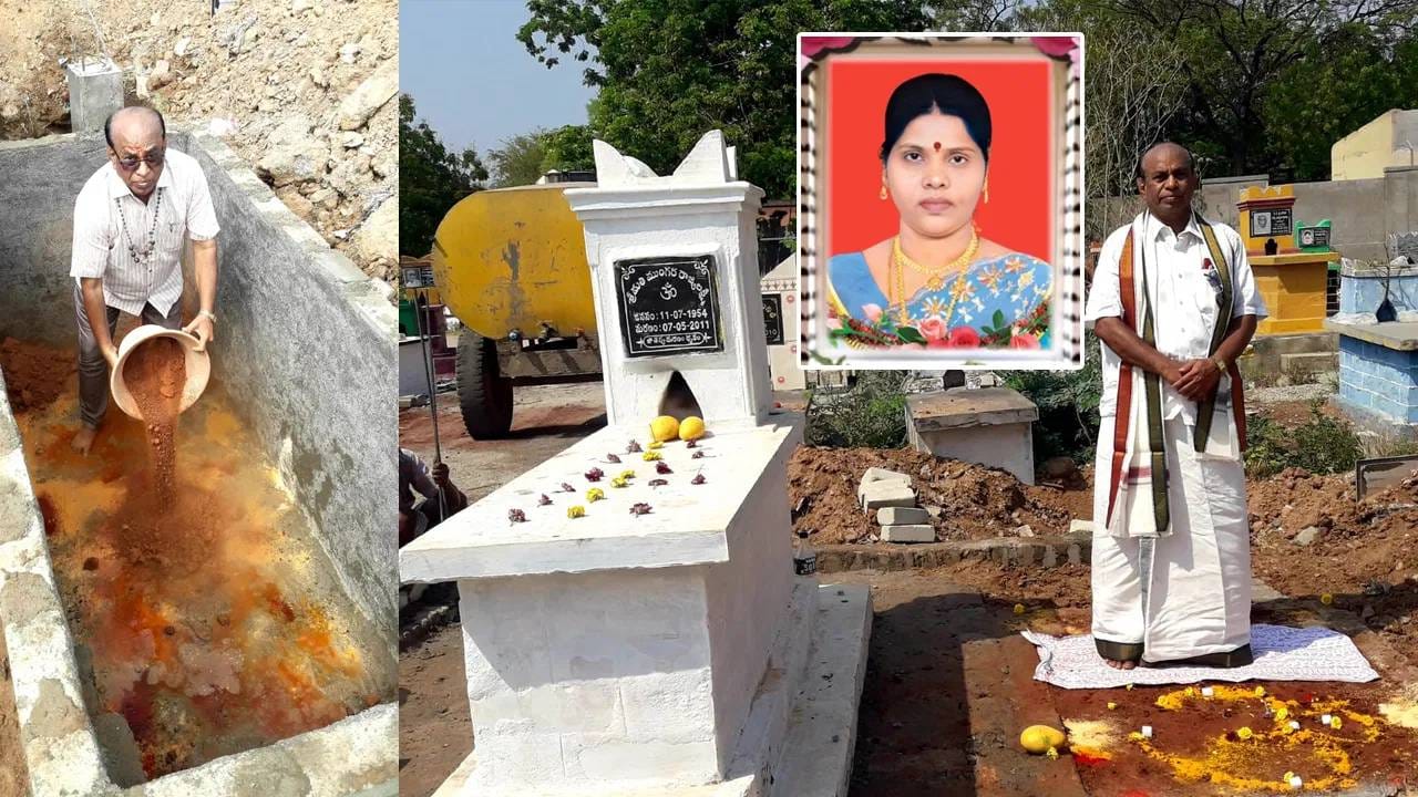 Elderly man stands beside two graves, one for his wife and one for himself.