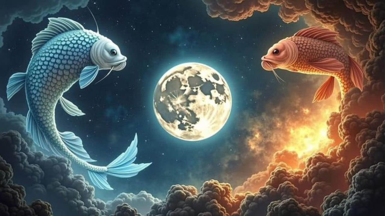 Astrological representation of Saturn (Shani) transiting through Pisces zodiac sign