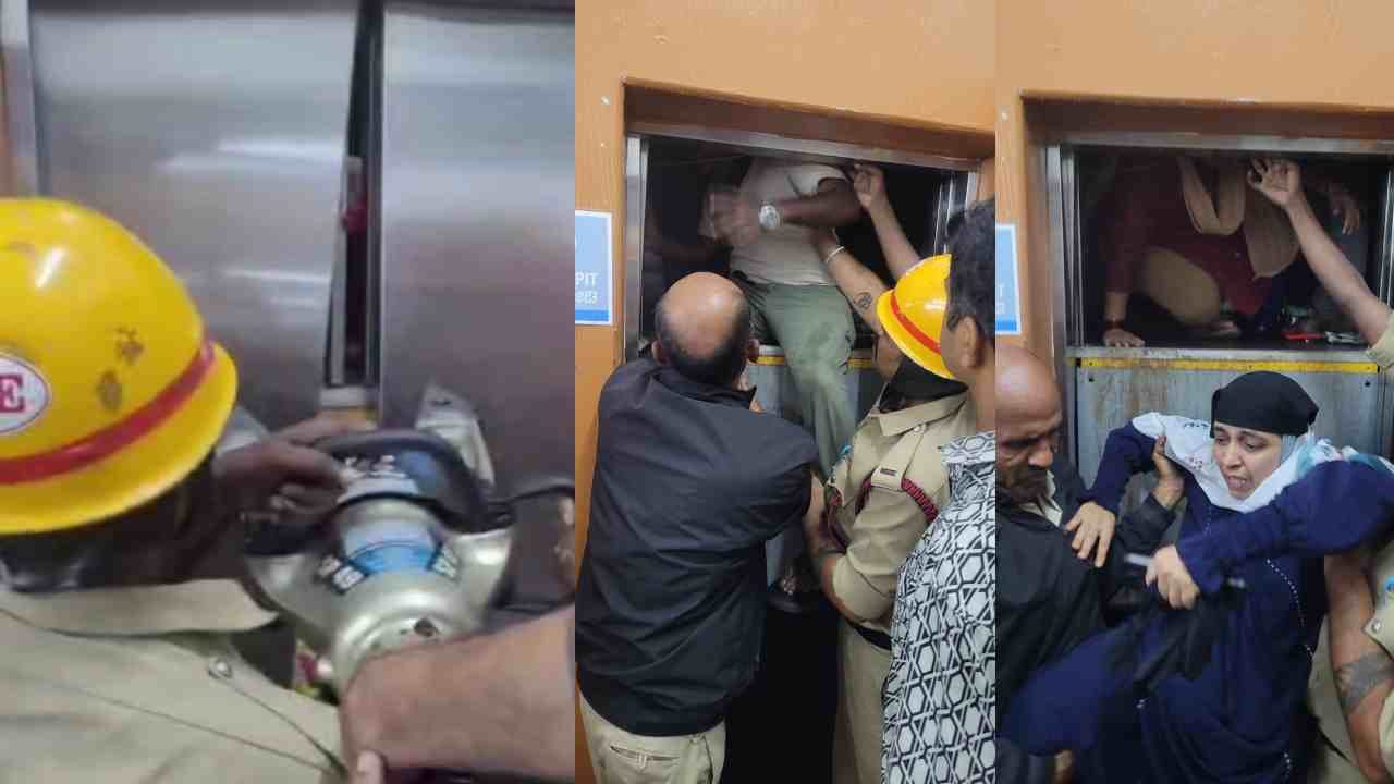 Firefighters rescuing nine people stuck inside a shopping mall lift in Shivamogga.