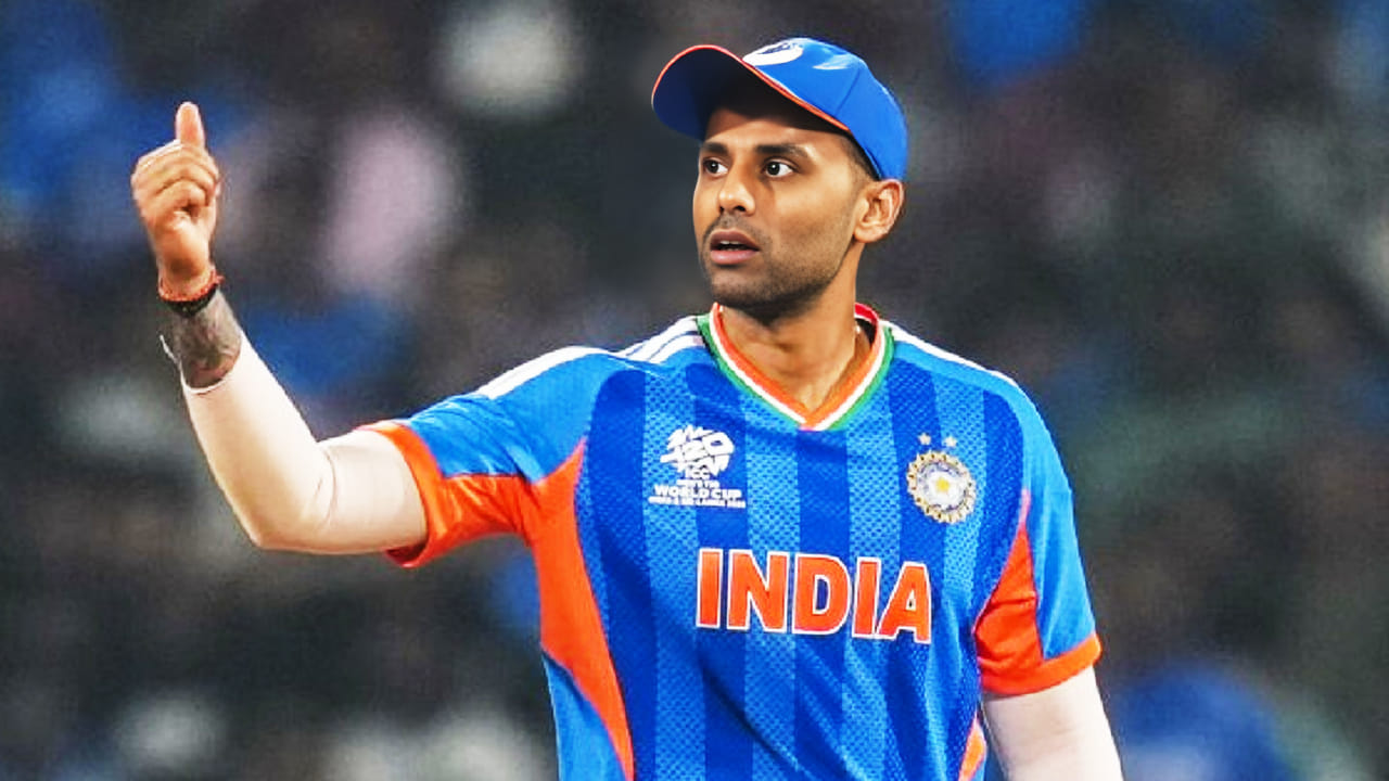 Suryakumar Yadav in India cricket jersey, looking concerned
