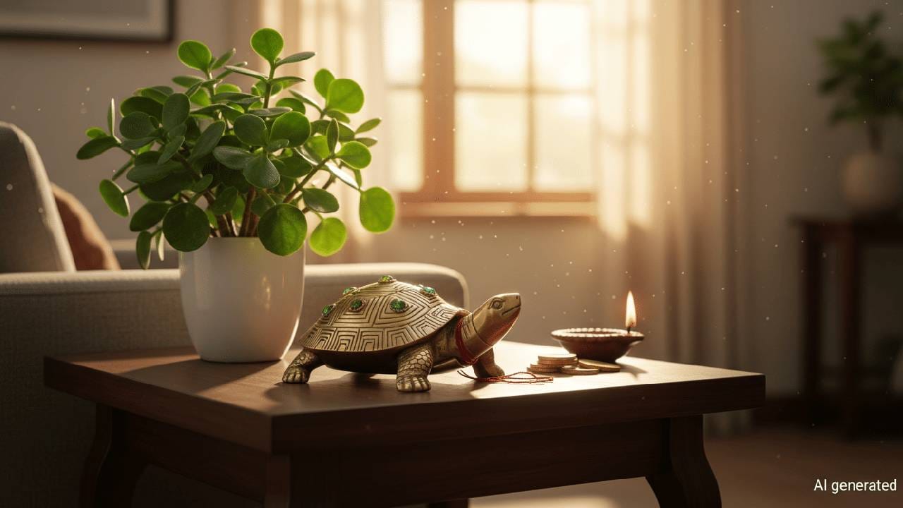 A crystal tortoise statue placed in a water-filled bowl with colorful stones