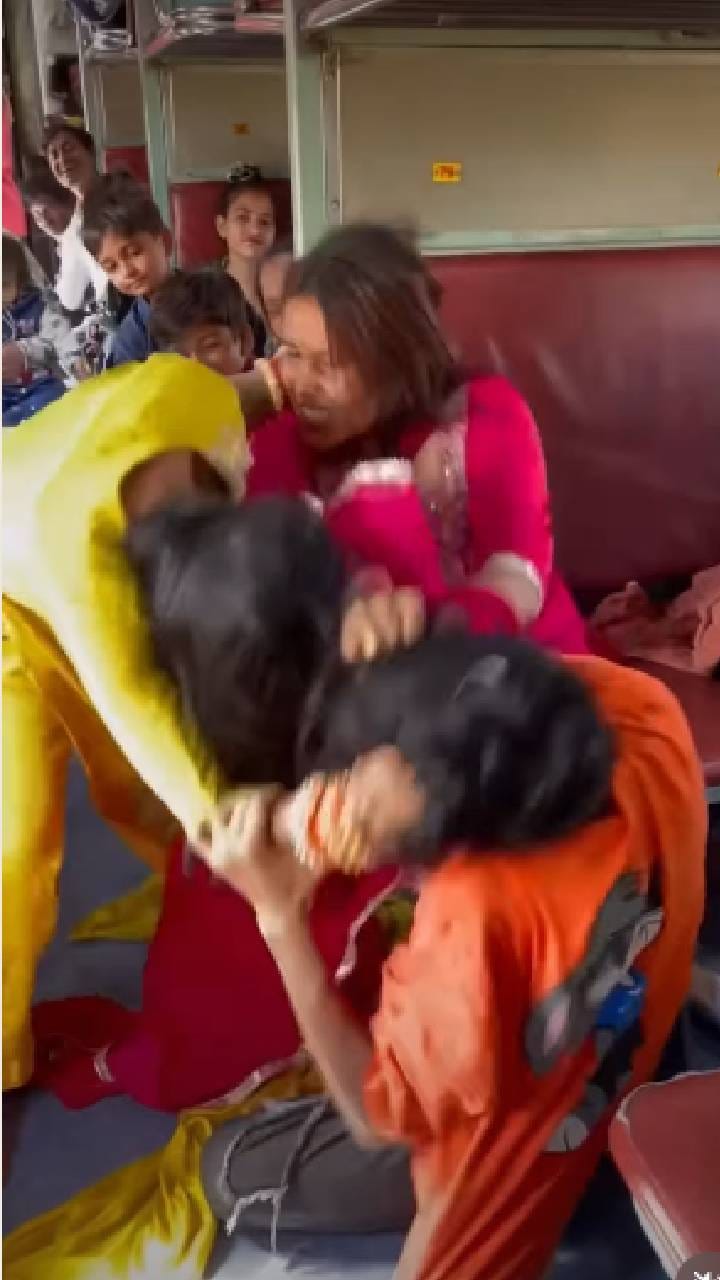 ರೈಲಿನಲ್ಲಿ ಜಡೆ ಜಗಳ; ಕಿತ್ತಾಟ ಬಿಡಿಸಲು ಹೋದ ಯುವಕನಿಗೂ ಧರ್ಮದೇಟು