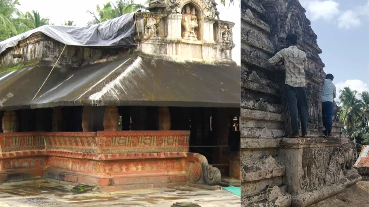 ಕೊನೆಗೂ ಎಚ್ಚೆತ್ತ ಪುರಾತತ್ವ ಇಲಾಖೆ: ಸೋರುತ್ತಿದ್ದ ಬನವಾಸಿ ದೇಗುಲದ ದುರಸ್ತಿ ಕಾರ್ಯ ಆರಂಭ