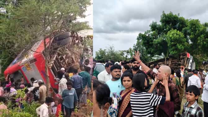 ಚಾಮರಾಜನಗರದಲ್ಲಿ ಭೀಕರ ಅಪಘಾತ: ಸಾರಿಗೆ ಬಸ್ ಪಲ್ಟಿಯಾಗಿ ಇಬ್ಬರು ಸಾವು