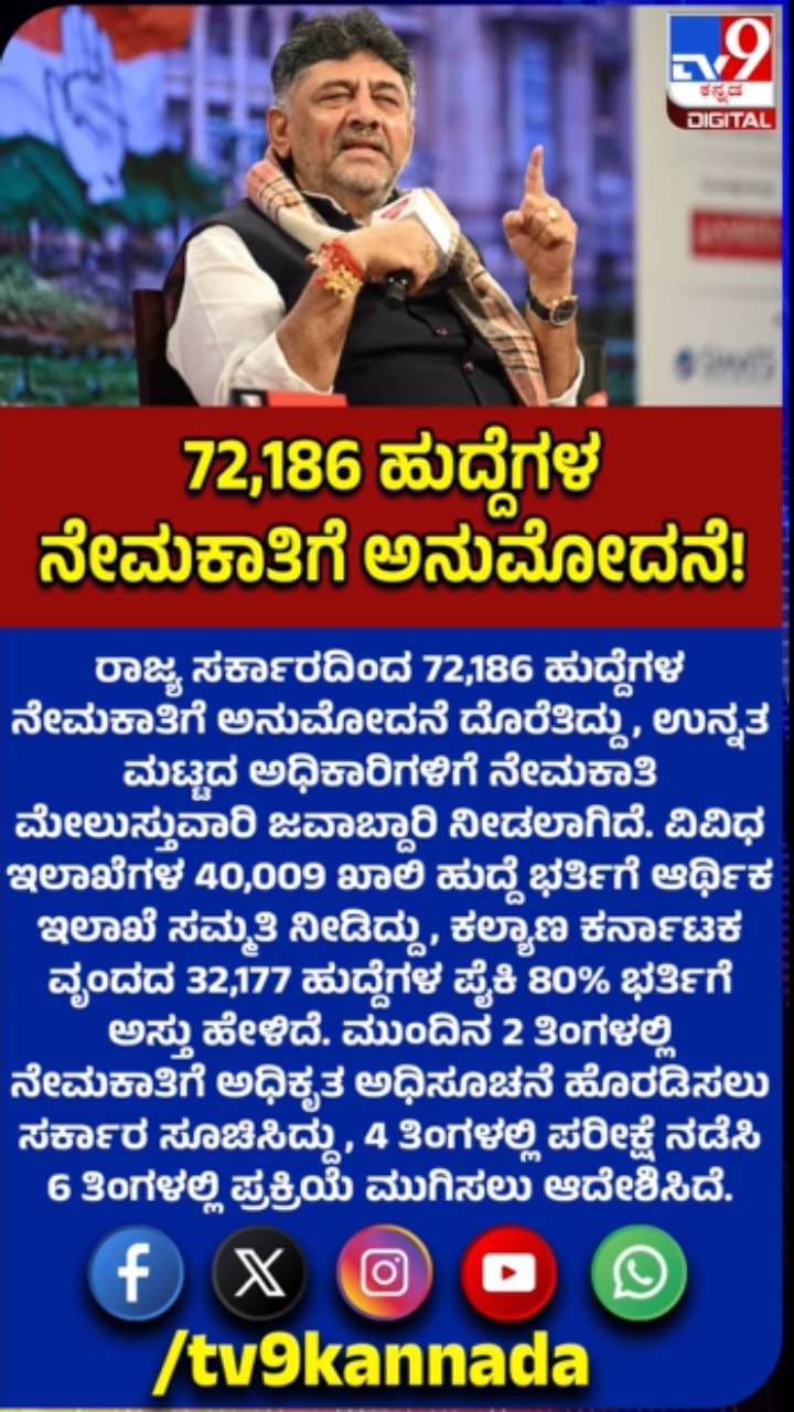 72,186 ಹುದ್ದೆಗಳ ನೇಮಕಾತಿಗೆ ರಾಜ್ಯ ಸರ್ಕಾರ ಅನುಮೋದನೆ