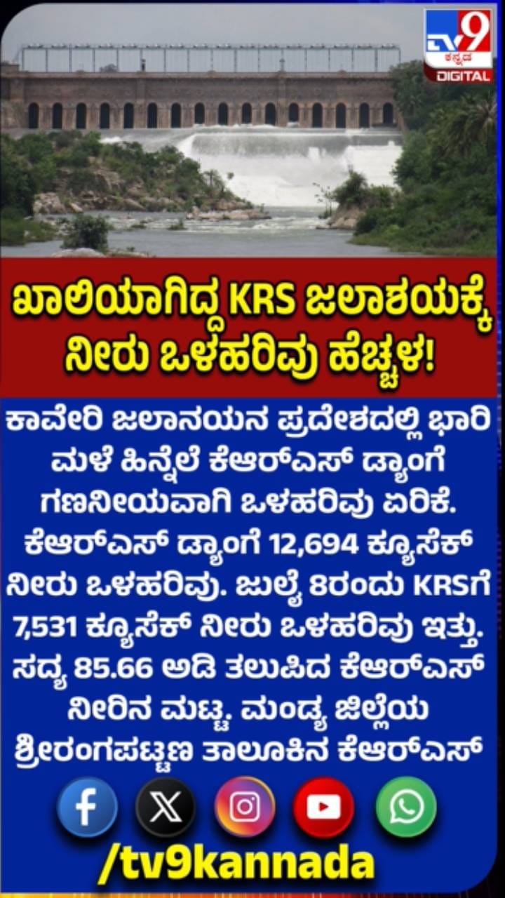 ಭಾರೀ ಮಳೆ: 85.66 ಅಡಿ ತಲುಪಿದ ಕೆಆರ್‌ಎಸ್ ನೀರಿನ ಮಟ್ಟ