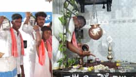 ಮಳೆಗಾಗಿ 50 ಕಿ.ಮೀ ಪಾದಯಾತ್ರೆ: ಕೃಷ್ಣ-ತುಂಗಭದ್ರಾ ನೀರಲ್ಲಿ ಜಲಾಭಿಷೇಕ