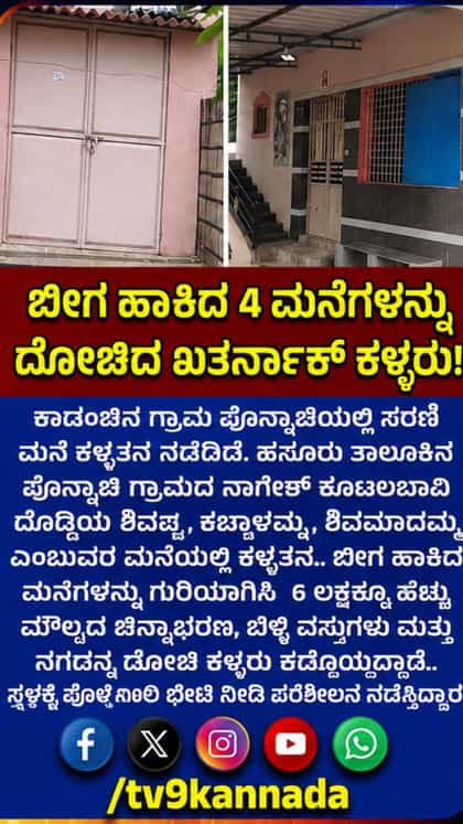 ಒಂದೇ ಗ್ರಾಮದಲ್ಲಿ 4 ಮನೆಗಳನ್ನು ದೋಚಿದ ಖತರ್ನಾಕ್ ಕಳ್ಳರು ಎಲ್ಲಿ ಗೊತ್ತಾ?