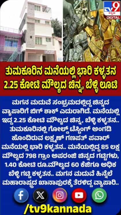 ಮನೆಯಲ್ಲಿ ಇದ್ದ 2.25 ಕೋಟಿ ಮೌಲ್ಯದ ಚಿನ್ನ, ಬೆಳ್ಳಿ ಕಳ್ಳತನ