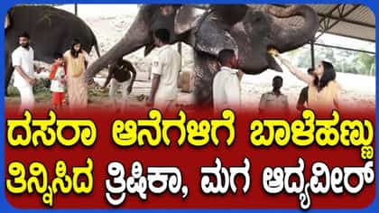 ದಸರಾ ಗಜಪಡೆಗೆ ಹಣ್ಣು ತಿನ್ನಿಸಿದ ತ್ರಿಷಿಕಾ, ಆದ್ಯವೀರ್