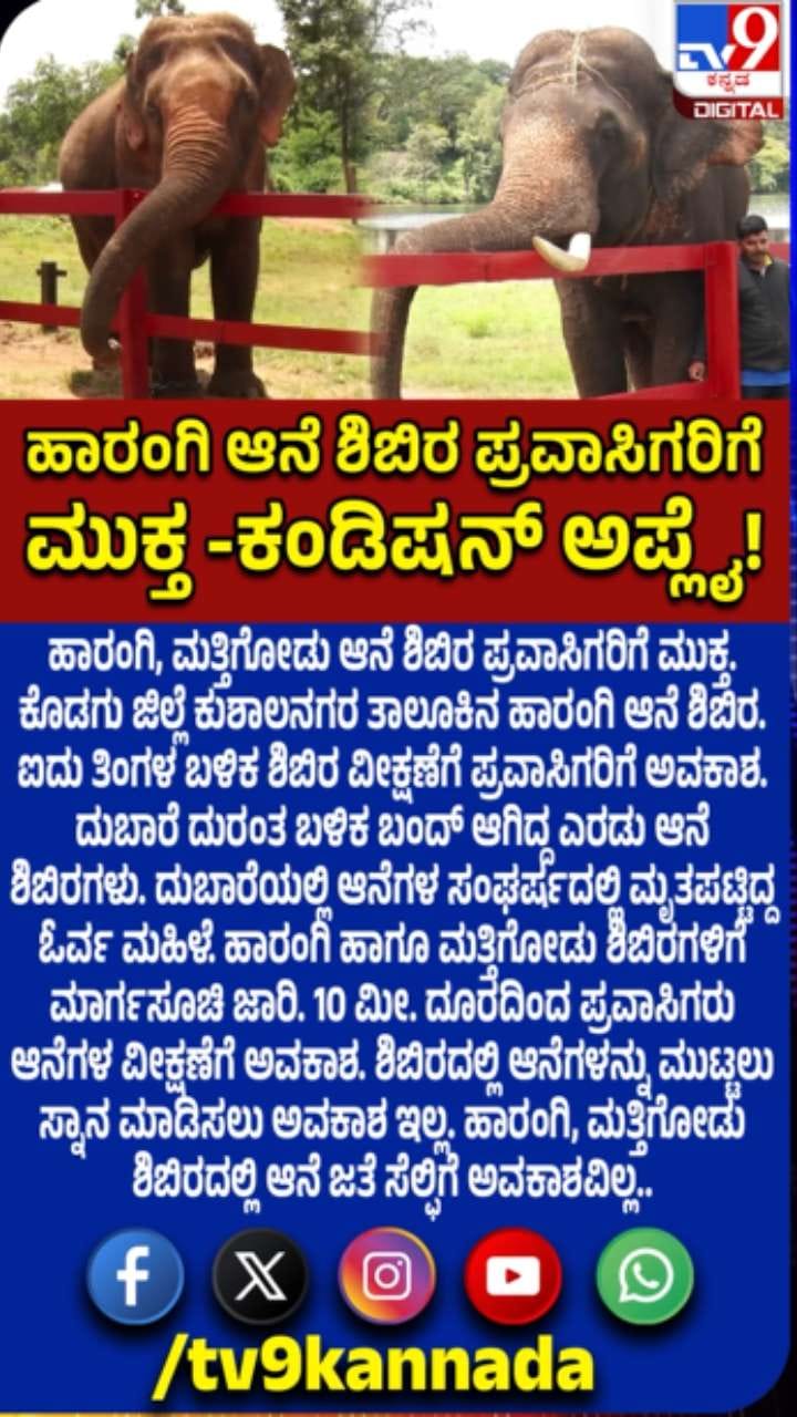 ಹಾರಂಗಿ, ಮತ್ತಿಗೋಡು ಆನೆ ಶಿಬಿರ ಪ್ರವಾಸಿಗರಿಗೆ ಮುಕ್ತ