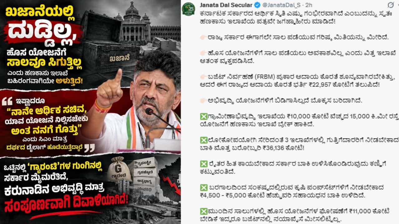 'ಗ್ಯಾರಂಟಿ ಭ್ರಮೆಯಲ್ಲಿ ಇಡೀ ರಾಜ್ಯದ ಅಭಿವೃದ್ಧಿ ಬಲಿ': ಎಕ್ಸ್ ಪೋಸ್ಟ್ ಮೂಲಕ ರಾಜ್ಯ ಸರ್ಕಾರದ ವಿರುದ್ಧ ಜೆಡಿಎಸ್ ಕಿಡಿ 'ಗ್ಯಾರಂಟಿ ಭ್ರಮೆಯಲ್ಲಿ ಇಡೀ ರಾಜ್ಯದ ಅಭಿವೃದ್ಧಿ ಬಲಿ': ಎಕ್ಸ್ ಪೋಸ್ಟ್ ಮೂಲಕ ರಾಜ್ಯ ಸರ್ಕಾರದ ವಿರುದ್ಧ ಜೆಡಿಎಸ್ ಕಿಡಿ