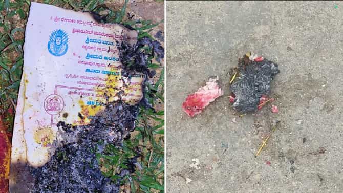 ಕಾಂಗ್ರೆಸ್ ಮುಖಂಡನ ಮನೆ ಮುಂದೆ ವಾಮಾಚಾರ: ಲಗ್ನ ಪತ್ರಿಕೆ, ಮೂಳೆ ಬಳಕೆ