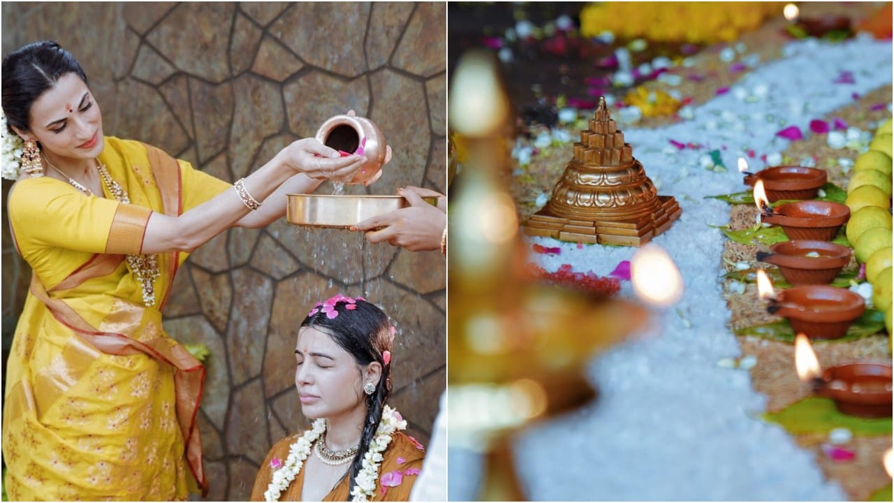 ಸಮಂತಾ ಅವರಿಗೆ ಜಲಪ್ರೋಕ್ಷಣೆ ಮಾಡಿ ಆಶೀರ್ವದಿಸುವ ಶಾಸ್ತ್ರ ನಡೆಯುತ್ತಿದೆ. ಚೊಂಬಿನಿಂದ ಪವಿತ್ರ ನೀರನ್ನು ಧಾರೆ ಎರೆಯುವಾಗ ಸಮಂತಾ ಭಕ್ತಿಯಿಂದ ಕಣ್ಣು ಮುಚ್ಚಿ ಪ್ರಾರ್ಥಿಸುತ್ತಿದ್ದಾರೆ. ಮತ್ತೊಂದೆಡೆ ಸೀಮಂತದ ಪೂಜಾ ಮಂಟಪದಲ್ಲಿ ಬೆಳಗುತ್ತಿರುವ ಹಣತೆಗಳು, ಶ್ರೀಚಕ್ರ ಹಾಗೂ ಅರಿಶಿನ-ಕುಂಕುಮದಿಂದ ಅಲಂಕೃತಗೊಂಡ ಮಂಟಪದ ದೃಶ್ಯ ಆಧ್ಯಾತ್ಮಿಕ ಕಳೆಯನ್ನು ಹೆಚ್ಚಿಸಿದೆ.