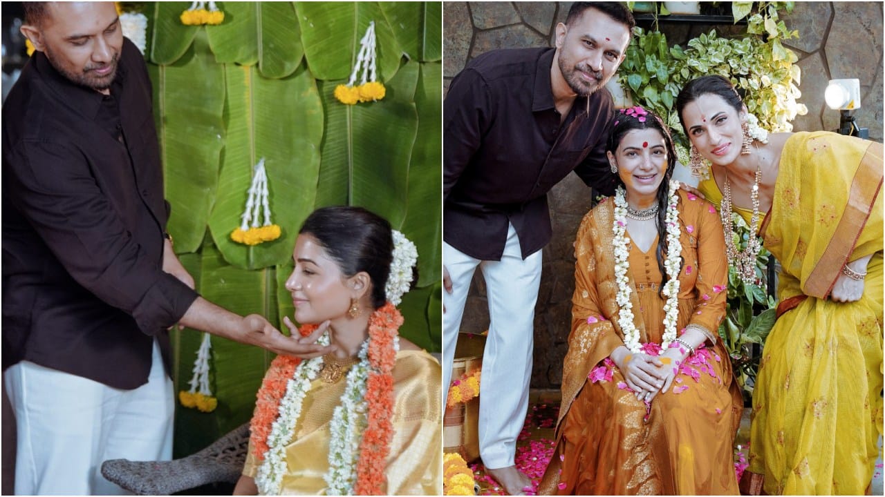 ಸಮಂತಾ ಪತಿ ರಾಜ್ ನಿದಿಮೋರು ಪತ್ನಿ ಜೊತೆ ಪೋಸ್ ಕೊಟ್ಟಿದ್ದಾರೆ. ಮತ್ತೊಂದೆಡೆ ದೀಪ ಬೆಳಗಿ ಮುತ್ತೈದೆಯರು ಆಶೀರ್ವಾದದ ಹೂವುಗಳನ್ನು ಸುರಿಸುತ್ತಾ ಸಮಂತಾಗೆ ಮಂಗಳಾರತಿ ಎತ್ತುತ್ತಿದ್ದಾರೆ. ಹಳದಿ ಕಾಂಚೀವರಂ ರೇಷ್ಮೆ ಸೀರೆಯಲ್ಲಿ ಸಮಂತಾ ಕಂಗೊಳಿಸುತ್ತಿದ್ದಾರೆ.