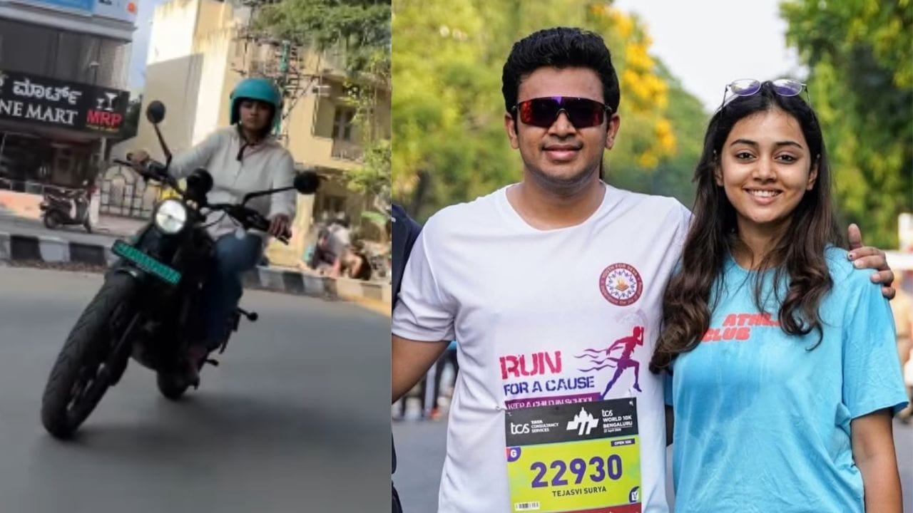 ತೇಜಸ್ವಿ ಸೂರ್ಯ ಅವರ ಪತ್ನಿ ಶಿವಶ್ರೀ ಸ್ಕಂದಪ್ರಸಾದ್ ಅವರ ರಾಯಲ್ ಎನ್‌ಫೀಲ್ಡ್ ಇ-ಬೈಕ್ ಸವಾರಿ ವೈರಲ್