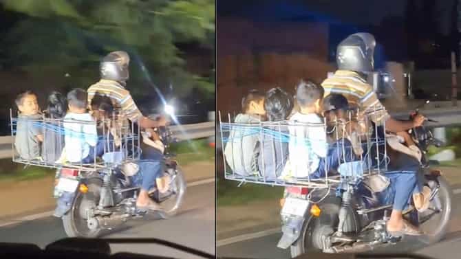 6 ಮಕ್ಕಳನ್ನು ಕುಳಿಸಿಕೊಂಡು ದ್ವಿಚಕ್ರ ವಾಹನ ಚಲಾಯಿಸಿದ ವ್ಯಕ್ತಿ!