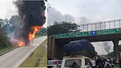 ಹೊತ್ತಿ ಉರಿದ ಕೆಮಿಕಲ್ ಟ್ಯಾಂಕರ್:ನೈಸ್ ರಸ್ತೆಯಲ್ಲಿ 4 ಕಿಲೋಮೀಟರ್ ಟ್ರಾಫಿಕ್