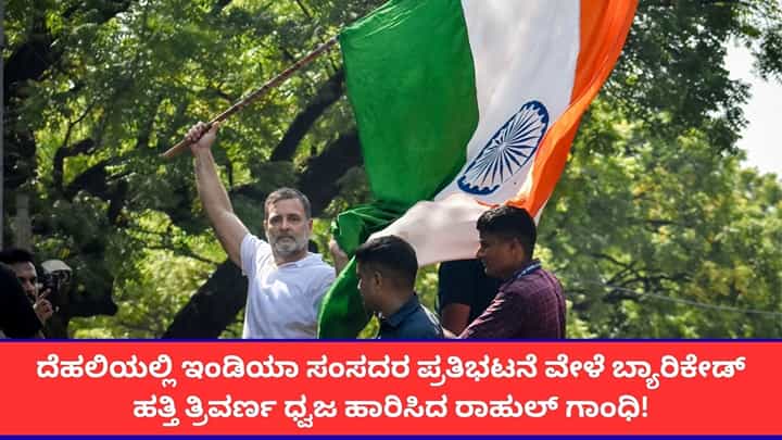 ದೆಹಲಿಯಲ್ಲಿ ಇಂಡಿಯಾ ಸಂಸದರ ಪ್ರತಿಭಟನೆ ವೇಳೆ ಬ್ಯಾರಿಕೇಡ್ ಹತ್ತಿ ತ್ರಿವರ್ಣ ಧ್ವಜ ಬೀಸಿದ ರಾಹುಲ್ ಗಾಂಧಿ! ದೆಹಲಿಯಲ್ಲಿ ಇಂಡಿಯಾ ಸಂಸದರ ಪ್ರತಿಭಟನೆ ವೇಳೆ ಬ್ಯಾರಿಕೇಡ್ ಹತ್ತಿ ತ್ರಿವರ್ಣ ಧ್ವಜ ಬೀಸಿದ ರಾಹುಲ್ ಗಾಂಧಿ!