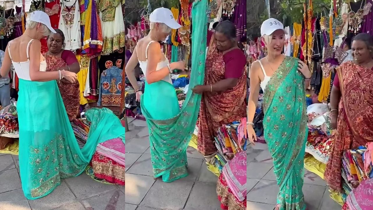 Video: ವಿದೇಶಿ ಮಹಿಳೆಗೆ ಸೀರೆ ಉಡಿಸಿದ ಮಹಿಳಾ ಜವಳಿ ವ್ಯಾಪಾರಿ, ವೈರಲ್ ಆಯ್ತು ದೃಶ್ಯ